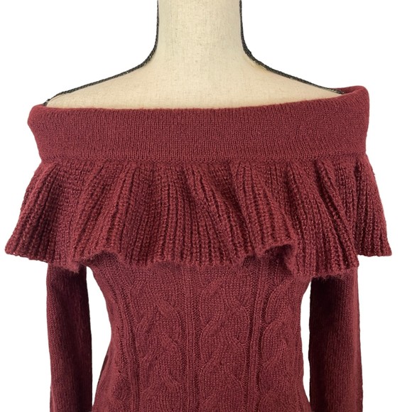 WAYF SHELDON OFF SHOULDER RUFFLE KNIT SWEATER IN RED TANNIN MEDIUM - Picture 3 of 9